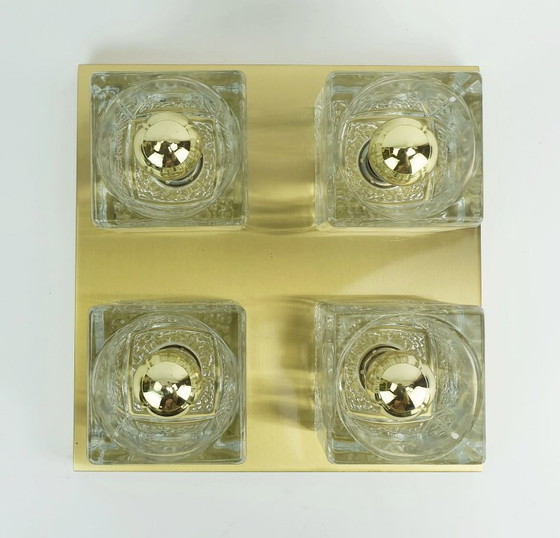 Image 1 of vintage mid century peill & putzler brass ceiling light with 4 glass cubes 1960s/70s flush mount