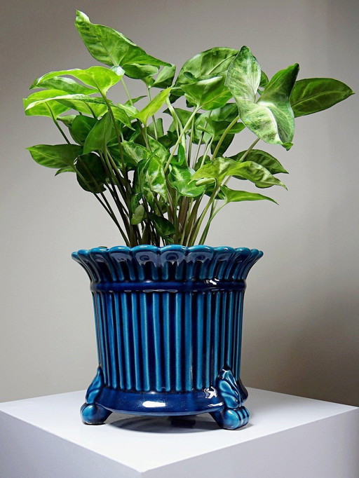 Vintage pot cover 60s-80s Charolles turquoise glazed earthenware