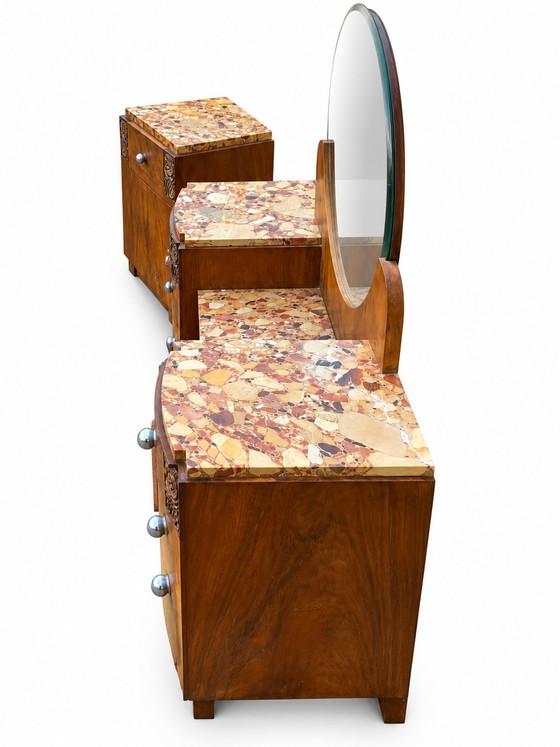 Set Toeletta Art Déco 1930 in Noce con Piano in Marmo e Comodino – Tolette, Wood, Marble (photo 14 of 14)