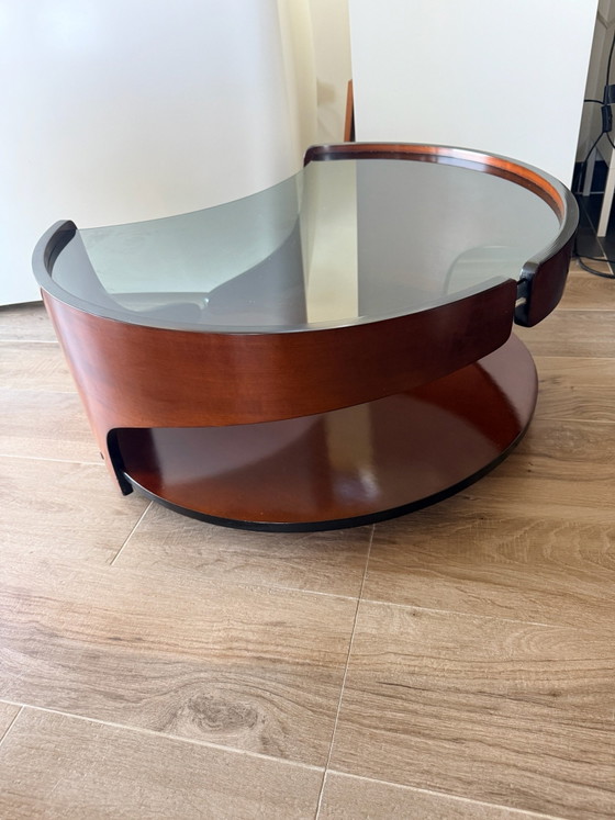 Italian Space Age Coffee Table – Smoked Glass & Curved Wood – 1970s (photo 11 of 15)