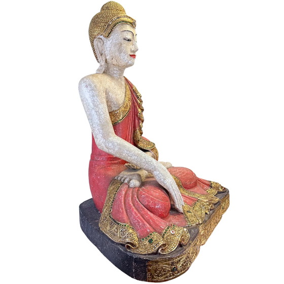Grote Birmaanse Mandalay Boeddha met Gouden Decoratie – circa 1970 – 87 cm – Beeldhouwkunst, Glass (photo 5 of 11)