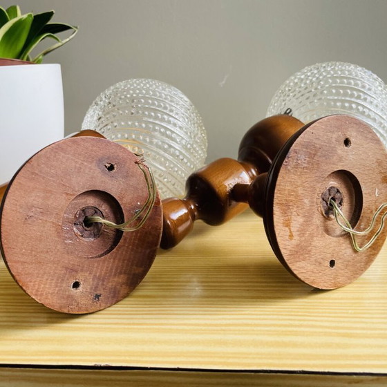 Image 1 of Apliques de pared rústicos portugueses de madera y cristal, juego de 2, década de 1990.