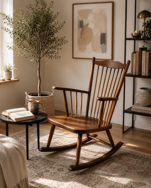 Antiker Schaukelstuhl um 1900–1920 mit Arretierung | Handgefertigter Windsor Rocking Chair | Folk Art Massivholz Sessel | Sammle