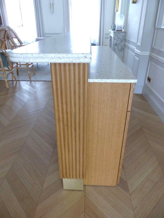 Image 1 of Moderne Bar aus massiver Eiche und doppelter Terrazzo-Arbeitsplatte – Einzigartiges Stück
