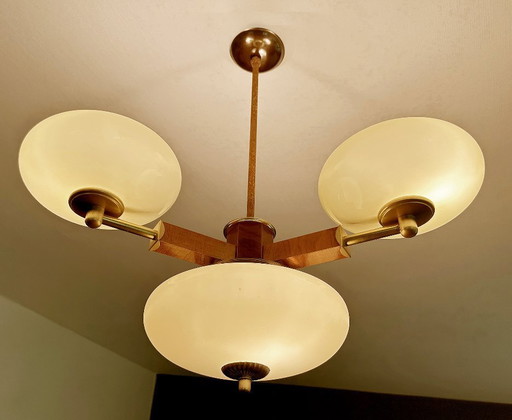 Art Deco Pendant Lamp in  Wood & Glass