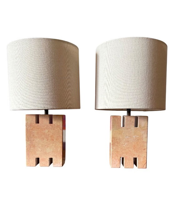 Image 1 of Juego de 2 lámparas de sobremesa de mármol rosa Hollywood regency, Francia años 70