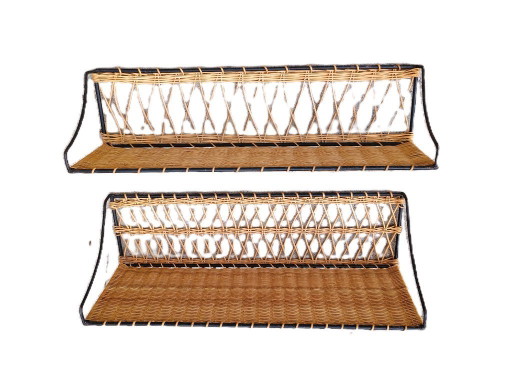 Pair of Vintage Raoul Guys Rattan Wall Shelves, French Mid Century Woven Bamboo Shelving, Boho Modernist Decor