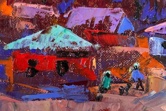 Image 1 of Peinture à l'huile originale représentant un paysage de village nocturne sous la lune