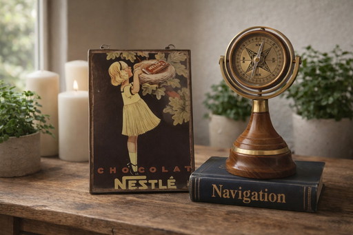 Kuriositätenkabinett-Set: Seltene Nestlé-Postkarte aus den 1920er Jahren & Kardankompass aus den 1960er Jahren