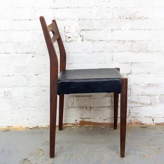 Image 1 of Teakhouten en zwart lederen stoelen, jaren 1950, set van 6