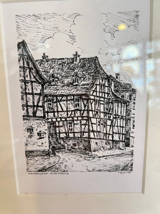 Image 1 of Oude tekening "Alte Schule Heddesdorf" | Ingelijst | Met kunstenaarsmerk & galeriestempel Neuwied