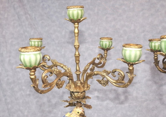 Image 1 of Candlesticks with parrots made of porcelain and bronze