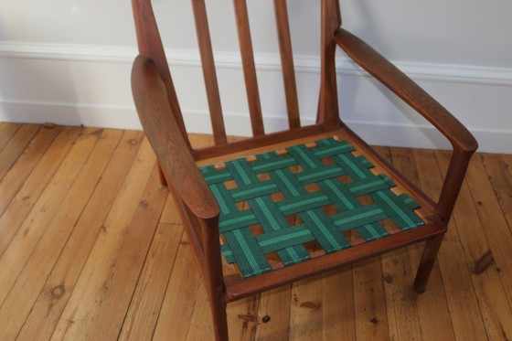 Paire de fauteuils scandinaves vintage teck 1960, Roche Bobois, Bois, Textile, Marron, Mid Century Modern (photo 6 sur 13)