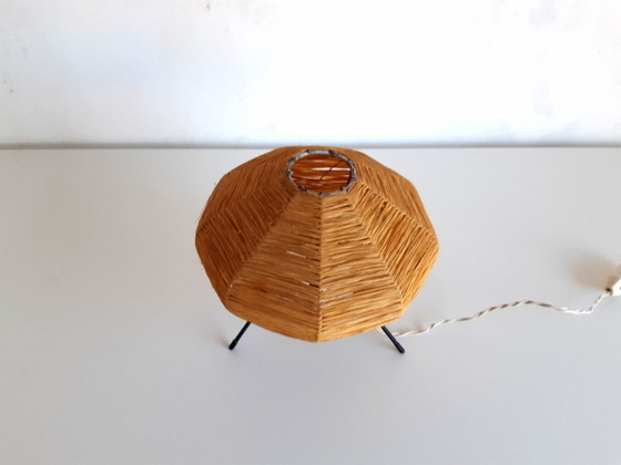 Image 1 of Refined vintage tripod raffia table lamp, mcm table lamp