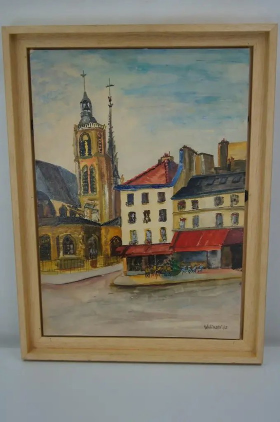 1980er Georges Wolinski "Blick auf Paris" Französisches Stadtbild Ölgemälde auf Holztafel, signiert und (photo 8 of 8)