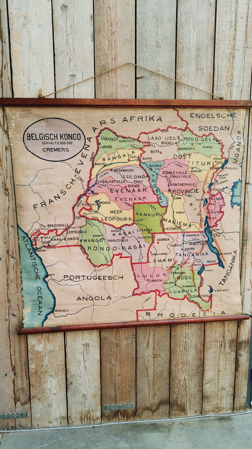 Old antique hand painted vintage school map Belgian Congo Africa