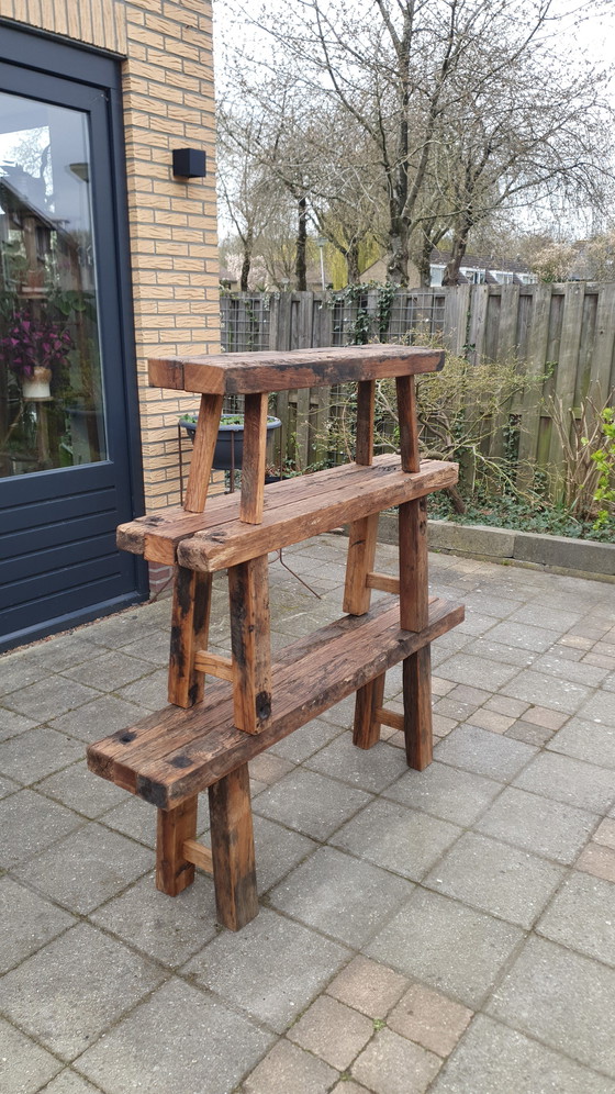Image 1 of Oak bench made from old wagon planks 140x26x50 cm