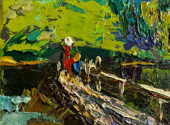 Image 1 of Original Oil Painting Village Bridge Landscape On the spring river