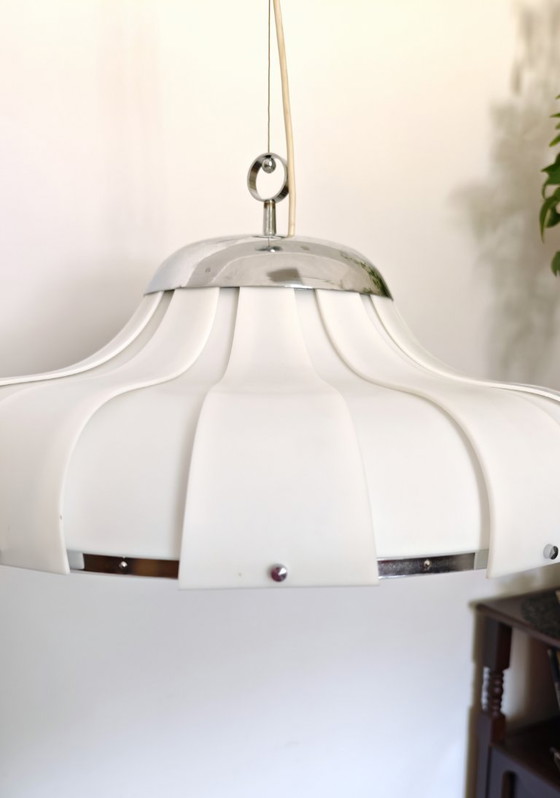 Image 1 of Vintage XL Meblo Pendant Light / Rare Meblo Guzzini Ceiling Light / White Acrylic Light/ Mcm Lightning / Big Hanging Light 