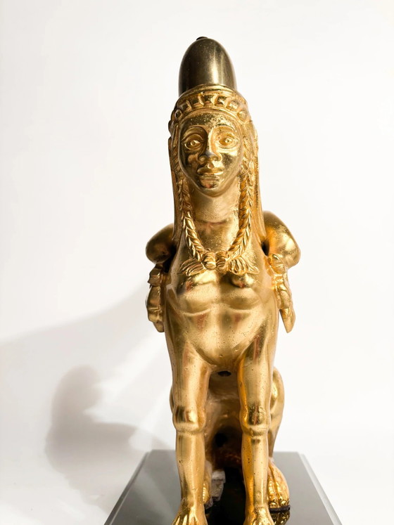 Gilt Bronze Sphinx Sculpture Resting on Marble Base, 20th Century (photo 10 of 14)