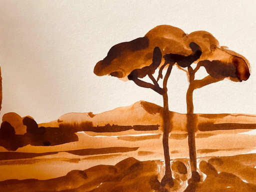 Aquarelle monochrome signée couleur tabac « pins parasols sur le mont Ventoux »