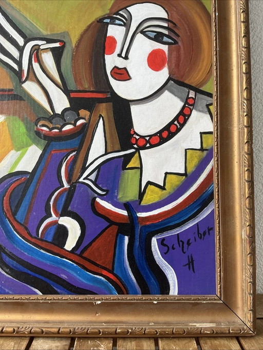 VINTAGE Portrait de style Hugó Scheiber | EXPRESSIONNISTE Cubisme Femme Peinture à l'huile Signée SCHREIBER H