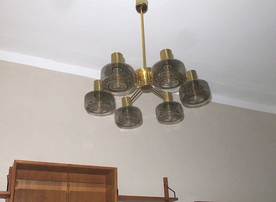 Image 1 of Large Brass and Glass Chandelier by Hans-Agne Jakobsson, Sweden 1960s