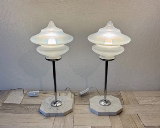 Paire de lampes Space Age - Design - Vintage - Murano - Années 70, Verre, Métal, Blanc, Modern (photo 2 sur 12)