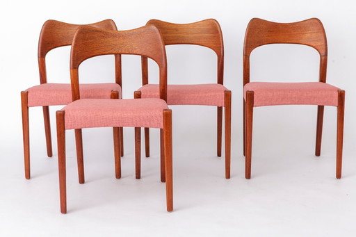Set of 4 Arne Hovmand-Olsen Chairs for Mogens Kold, Danish Mid Century Teak Dining Chairs 1950s, Pink Upholstery