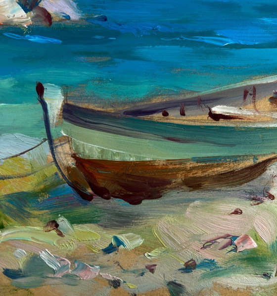 Image 1 of Original Oil Painting Coastal Rock Landscape Boat on the seashore