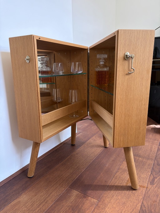 Bolia Oak Bar Cabinet with Glass Shelves & Mirror Interior