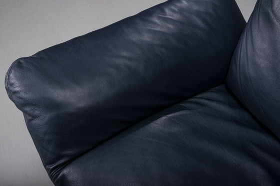 Image 1 of Danish Teak and Navy Blue Leather 2-Seater Sofa from Komfort, 1970s