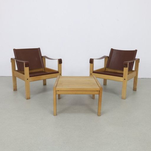 Vintage Safari Easy Chair Set/3, Leer Escriba Brazil, 1970S