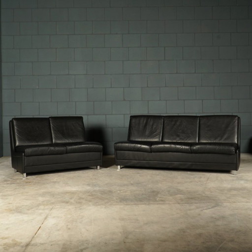 Set schwarzer Ledersofas aus der Mitte des Jahrhunderts – 1960er Jahre