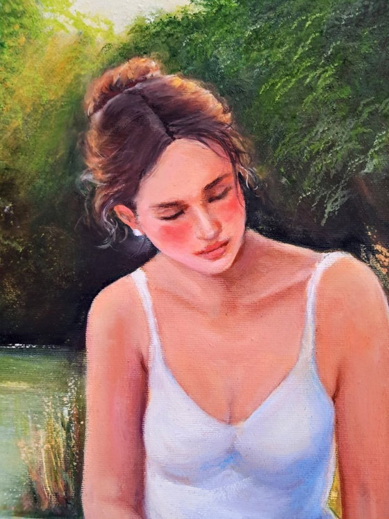 David KANDELAKI - Woman sitting on the pier - Artist's Painting, Paintings & Drawings, Canvas, Other, Green (photo 4 of 11)