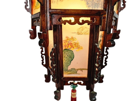 Image 1 of Chinesischer Laternenleuchter – Rosenholz – verziertes Glas – 2. Hälfte des 20. Jahrhunderts