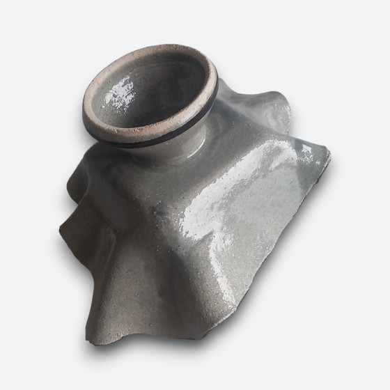 Image 1 of Studio ceramic bowl on foot with organic shape and gray glaze – signed studio mark