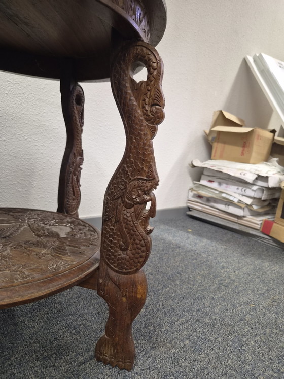 Vintage Handgesneden Houten Bijzettafel / Plantentafel – Rijk Gedecoreerd – Wood (photo 6 of 10)