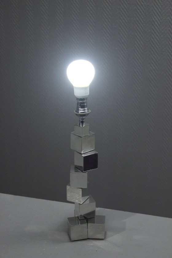 Image 1 of Pied de lampe moderniste modulable cubes acier chromé style Adnet Art Déco 1930s