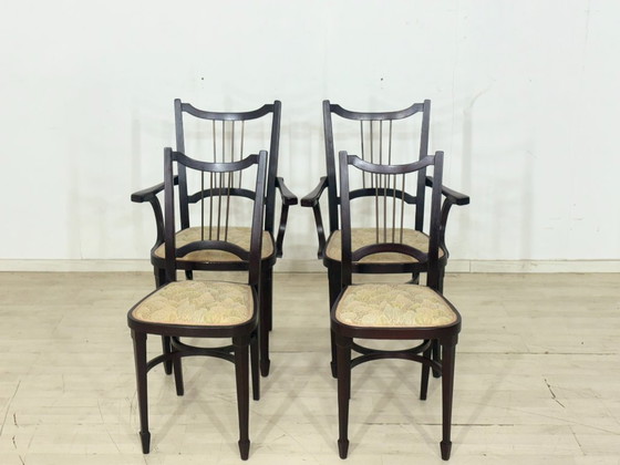 Image 1 of 4 originele Thonet-stoelen uit circa 1900 – Art Nouveau/Weense eetkamerstoelen met messing rugleuningen