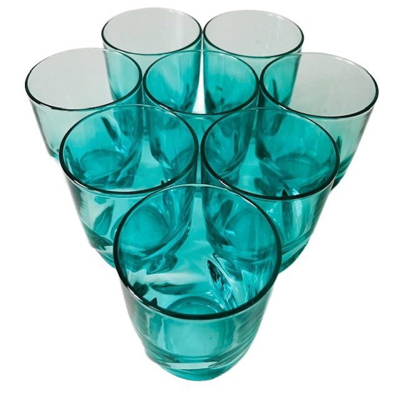 Image 1 of Vintage set 8 gedraaide glazen turquoise blauw Luminarc Arcoroc 1970's