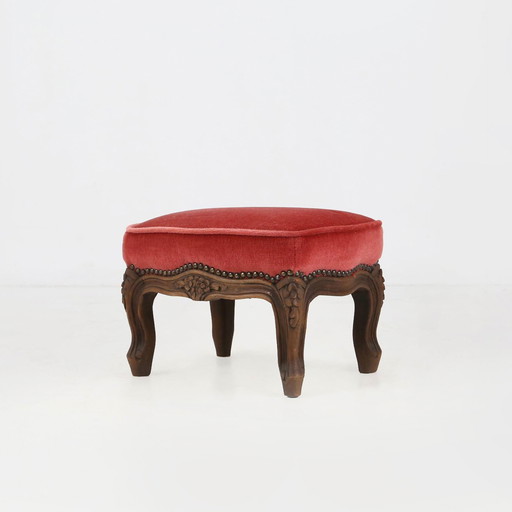Baroque Style Foot Stool in Carved Wood with Coral Velvet Upholstery