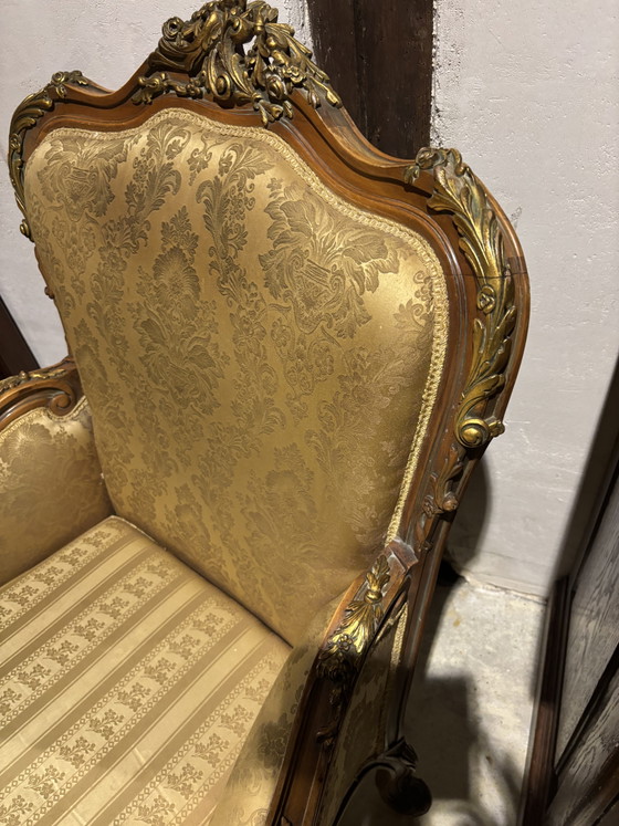 Fauteuil italien original, tissu d'origine et peinture sur bois dorée d'origine. – Wood, Gold (photo 10 of 25)