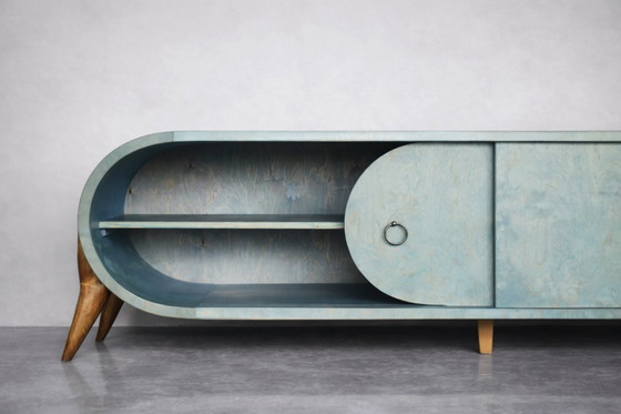 Image 1 of Vintage Mid-Century Modern Italian Turquoise Streamline Sideboard in Birch, 1960s