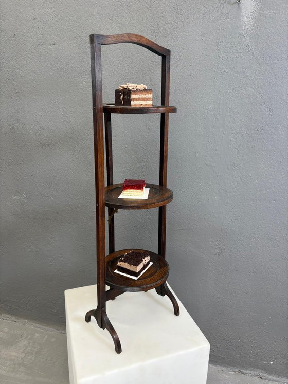 Image 1 of Vintage 3-Tier Cake Stand Dark Wood Serving Stand 1920s Europe