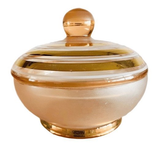 Art Deco bonbonnière pink gold glass jewelry box 1950's