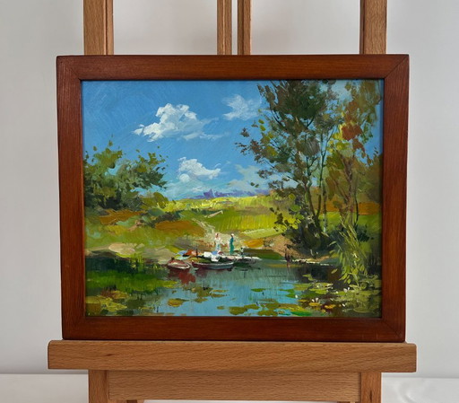 Original Oil Painting Summer Lake Landscape Take a swim in a summer lake