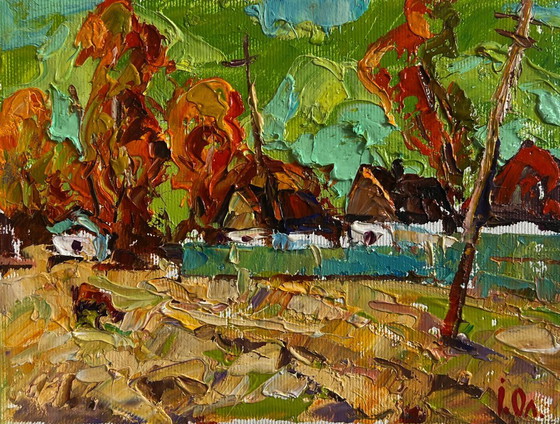 Image 1 of Original Oil Painting Autumn Village Landscape Autumn day in the village