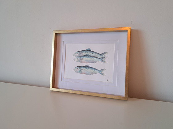 Image 1 of Watercolor painting of sardines | Gold-colored frame