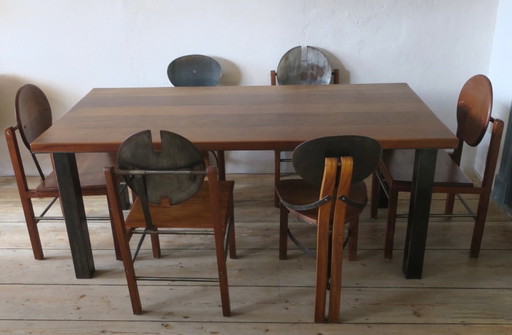 Brutalistische 6 Stühle und Esstisch aus Teakholz und patiniertem Stahl, 1960er Jahre